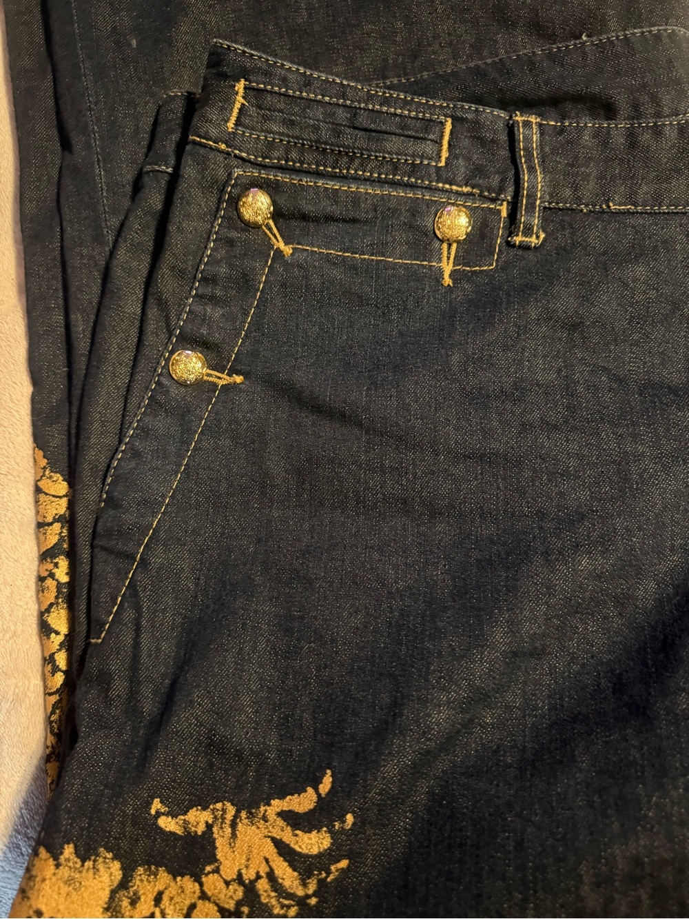 Lauren Ralph Lauren Dark Indigo Wide-Leg Jeans with Gold Stitching - Picture 5 of 5